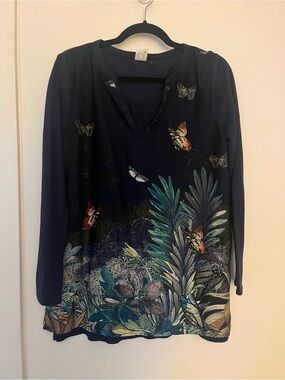 Navy Botanical & Butterfly Long-Sleeve Henley Top